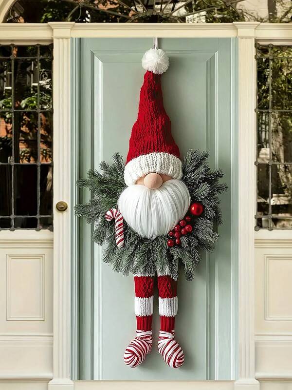 1 pezzo Ghirlanda natalizia con gnomo, ornamento da appendere con un nano, ghirlanda natalizia, stampata con ghirlande e gnomi, con dettagli di cappelli lavorati a maglia e calze a righe, adatta per decorazioni natalizie, per casa, ufficio e porta, decorazioni natalizie e di Capodanno.
