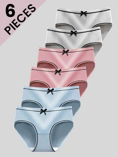 6条/包 可爱女童简约舒适透气时尚蝴蝶结设计三角裤，适合学生和青少年运动内裤