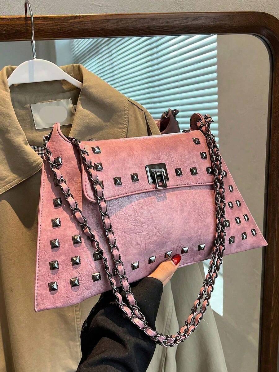 1pc Solid Color PU Leather Handbag With Lock Closure, Fashionable Crossbody Bag For Shopping, Dating, Women's Gift, Great For Office, School, Work - Pink - View 1