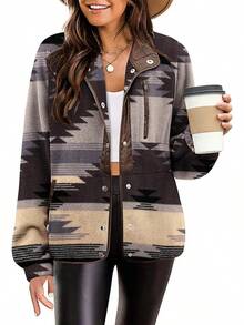 Women's Cozy Fleece Jacket Western  Print Snap Button Down Coat With Pockets Casual Warm Outwear 2025 - 灰色圖案 - 查看 7
