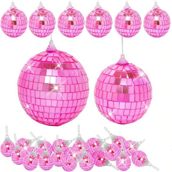 12PCSChristmas Reflective Pink And Silver Mirror Balls, Home Decor Items, Christmas Tree Decorations, Shopping Mall Window Decorations And Hanging Ornaments