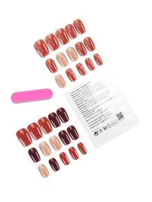 30片方形双色可卸假指甲，棕色系，完美贴合，亚克力材质，套装包含1瓶甲油胶和1把指甲锉，适合女性在秋冬季日常工作、学习和聚会中使用。也适合派对、节日和日常佩戴。美甲用品 - 彩色 - 查看 2