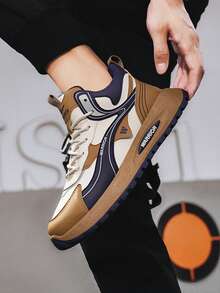 1 双 WARRIOR 男士厚底系带软底休闲鞋，低帮户外平底鞋，圆头低跟防滑纯色优雅软底登山鞋，适合学生拍毕业照，男士低帮皮革滑板鞋 - 米卡其深藍 - 查看 6