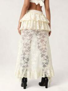 Women Flower Lace Sheer Skirt Elastic Waist High Low Layered Ruffle Asymmetrical A Line Skirt Steampunk Victorian Cosplay Costume - 杏色 - 查看 4