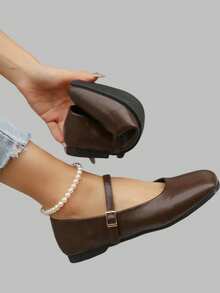 DareSee 女士简约棕色搭扣装饰芭蕾平底鞋，时尚优雅的玛丽珍鞋，适合工作装、学生装、休闲装、旅行装、优雅装扮，经典百搭，柔软舒适，带来卓越的穿着体验。Y2K音乐节返校季秋冬季礼物之选。 - 棕色 - 查看 6