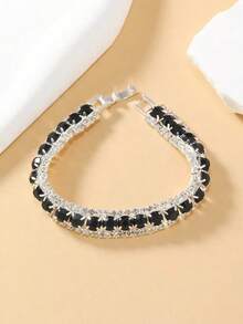 1PC Full Rhinestone Decor Bracelet For Women – Sparkling Crystal Statement Jewelry, Elegant & Glamorous Accessory For Parties, Special Occasions, Or Everyday Wear, Lightweight And Durable - Đen và trắng - Xem 4
