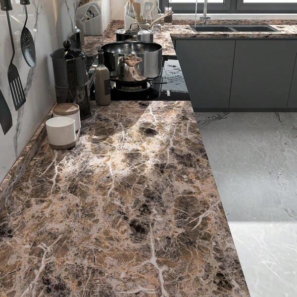 1 Roll Of Brown Marble Pattern Self-Adhesive Wallpaper Thickened PVC Waterproof Stain Resistant Easy To Clean Brown Marble Pattern Wallpaper Detachable Suitable For Kitchen Bathroom Countertop Background Wall Living Room Bedroom Furniture Renovation DIY Gift Packaging Home Decoration 15.7inX196.8/393.7in