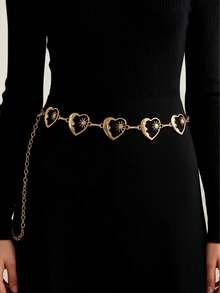 1 件时尚独特百搭心形和新月花金色腰链，适合派对、日常穿着、节日装扮、毛衣链 - 金色 - 查看 1