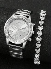 2pcs/Set Women's Quartz Wrist Watch With Steel Band, Rhinestone Embellished 3-Eye Roman Scale Dial + Bracelet, Watch Box Not Included - Silver - View 5