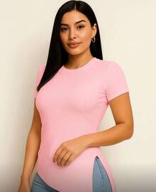 Women's Ribbed Blouse With Asymmetrical Short Sleeves And Slit - Baby Pink - View 1