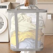 1 Foldable Breathable Mesh Laundry Basket With Reinforced Handle Foldable Rectangular Storage Bin For Bathrooms, Closets, Dorm Rooms, Travel, And Grocery Shopping - Durable Fabric Multi-Purpose Storage Box - Laundry Room Accessory - Casual Design - Sturdy Handle Construction - Laundry Basket - 米色 - 查看 4