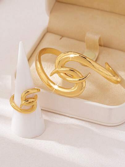 1 Set de joyería de estilo minimalista, europeo y americano con brazalete de gancho y gota de aleación y anillo grueso. Joyería de estilo para mujer, adecuada para uso diario, casual y de fiesta