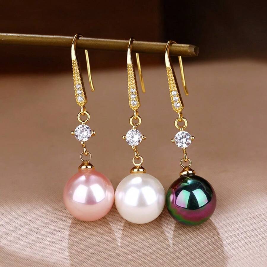 1 Pair Of Imitation Pearl Earrings For Women, New  Fashionable Versatile Earrings, Face Slimming Gold Earrings, Ear Hooks - 銀色+白色 - 查看 1