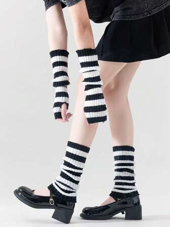 1 Set Striped Fingerless Gloves & Leg Warmers, Knitted Arm Sleeves, Subculture Style, Suitable For Autumn/Winter