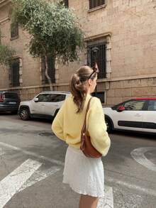 Women's Autumn/Winter Crew Neck Long Sleeve Sweater, Regular Knit Pullover With Ribbed Knit Details, Non-Stretch Soft Fabric, Simple & Fashionable Sweater Suitable For Everyday Wear - Butter Yellow - View 4