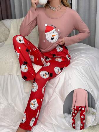 Women's Cute Christmas Print Round Neck Long Sleeve Top & Pants 2 Pieces Pajama Set, Thin, Casual, Loose Fit, Suitable For Loungewear Or Outerwear, Fall & Winter Clothes