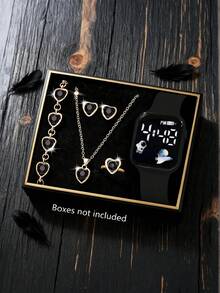 6件套可爱休闲LED太空元素数字显示手表，硅胶表带，附赠首饰套装（手链、项链、戒指、耳环），适合作为学生礼物，完美适用于学校、派对、旅行、生日、毕业典礼和日常佩戴。 - 彩色 - 查看 12