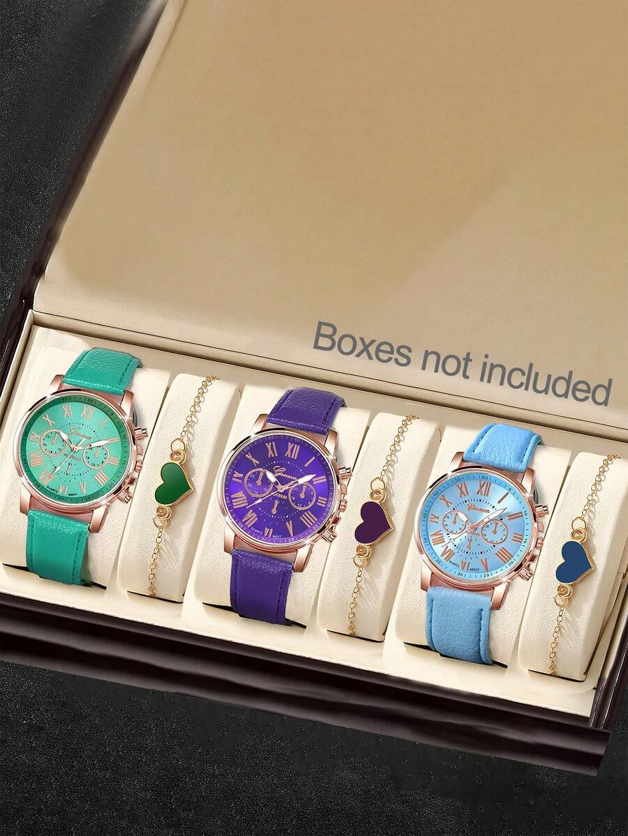 6pcs/Set Colorful Dopamine Element Cartoon Quartz Watches With PU Leather Strap, Round Dial And Heart-Shaped Bracelet Jewelry, Suitable For Parties, Daily Wear, Birthday Gift For Him