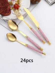 4-24pcs Marble Pattern Handle Knife Fork Spoon Set, Stainless Steel Western Cutlery Set, Steak Knife Fork Spoon Dessert Spoon Tableware Set