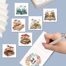 6件套DIY钻石画套装，蘑菇书、三口之家、花发女郎、孔雀动物主题贺卡，祝福与愿望，独特不对称形状钻石，纸质材料，手工工具及用品，适合长辈，节日派对DIY手工礼物 - 彩色 - 查看 7