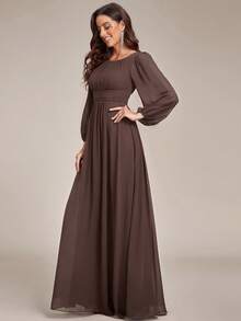 优雅雪纺圆领灯笼袖长袖伴娘礼服，婚礼宾客礼服，秋季 - 咖啡棕 - 查看 4