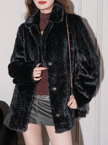 Women's Solid Color Faux Fur Zip-Up Front Button Collegiate Jacket, Suitable For Evening Dates In Winter - Black - View 3