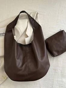Sac à épaule/cabas en PU de couleur unie pour femmes, grande capacité - Café - Voir 7