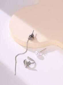 Tkool Bộ 3 bông tai đính ngọc trai giả hình trái tim bất đối xứng kèm khuyên tai hình trái tim gấp gọn, trang sức cổ điển đa năng cho đi học và đeo hàng ngày - Bạc - Xem 5