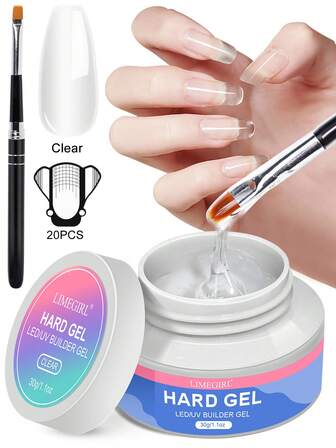 LIMEGIRL Builder LED/UV 指甲凝胶硬凝胶套装 - 指甲强化 UV 凝胶，指甲延长凝胶套装，指甲强化美甲美甲套装，含指甲模具，硬凝胶，透明、粉色、白色，强力丙烯酸涂层，含模具和刷子用品，非常适合指甲延长、雕刻和覆盖，专业品质