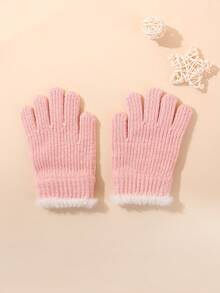 1 双儿童针织手套，带毛皮饰边，保暖针织内衬手套，适合男孩和女孩，秋冬季，适合学生户外使用