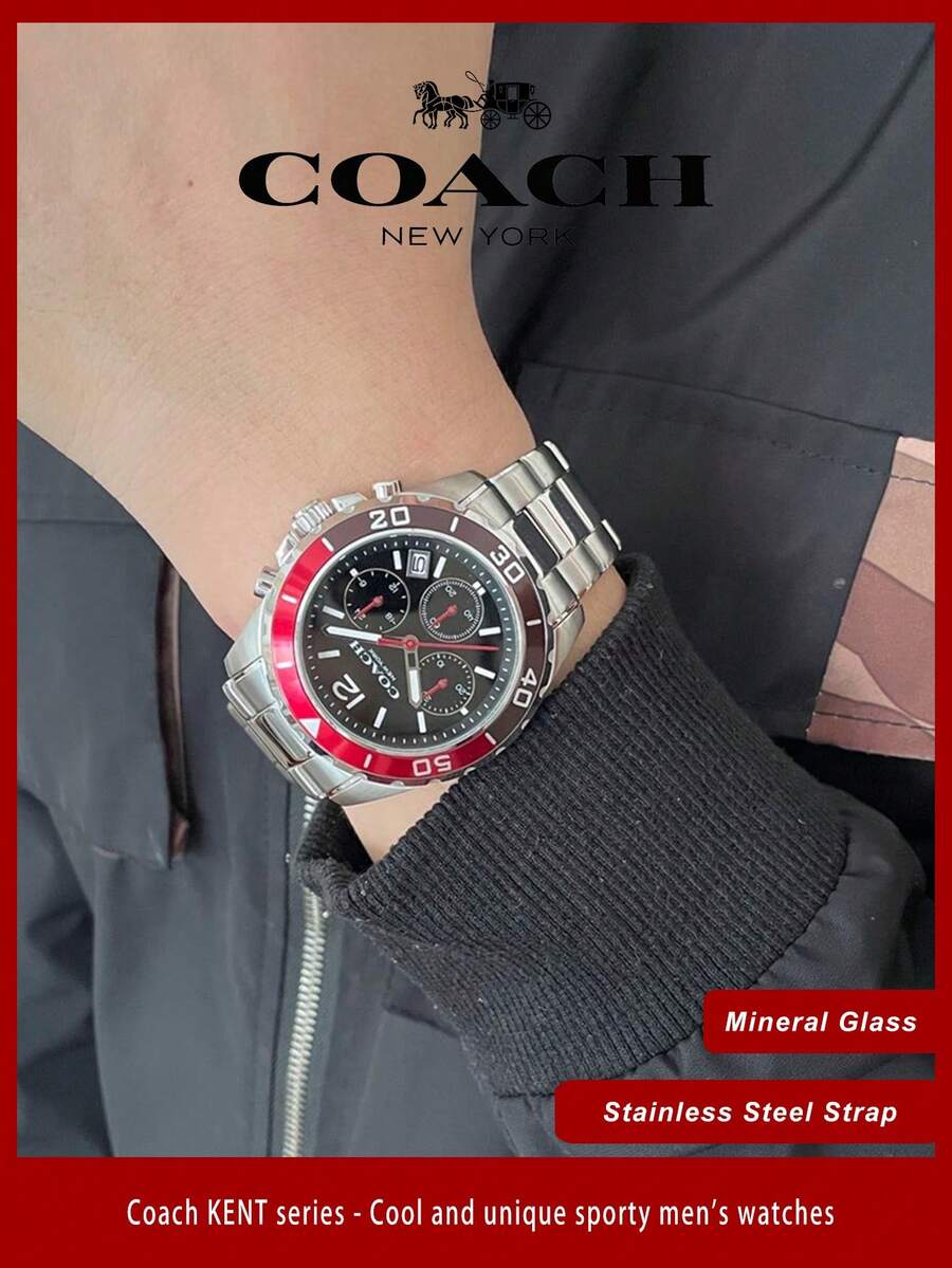 Coach Kent Series Men's Quartz Watch, Silver Tone Case Red Bezel Silver Stainless Steel Band Black Dial - 銀色 - 查看 1
