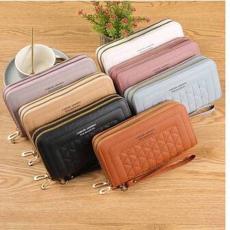 2025新款女士长款钱包双拉链手拿包刺绣时尚大容量软皮手机夹女士钱包钱包Y2K腕带钱包