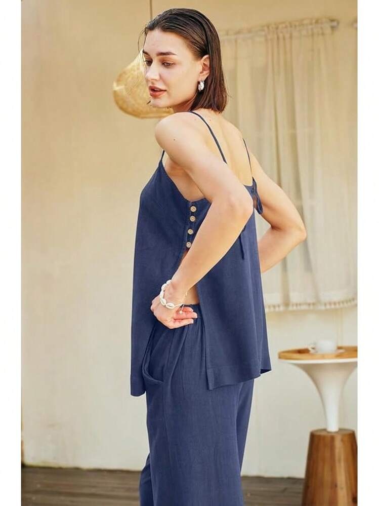 2 Piece Linen Set Summer Travel Beach Vacation Outfit Sexy Spaghetti Strap Tank Top And Pants With Pocketshalloween - Navy Blue - View 2
