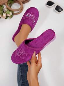 1 Đôi dép đi trong nhà mũi tròn họa tiết hoa đính cườm thủ công dành cho nữ, dép đi trong nhà nhẹ và thoải mái, có màu đen, hồng và nhiều màu khác, cỡ lớn - Hồng - Xem 2