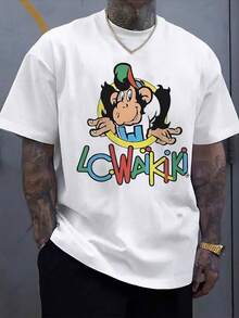 Camiseta de cuello redondo para hombre con estampado gráfico único de mono de dibujos animados, elegante camiseta de manga corta para uso diario informal, material de mezcla de algodón suave y cómodo, perfecta para verano y vacaciones, camiseta de estilo callejero de moda para una apariencia relajada. - Blanco - Ver 1