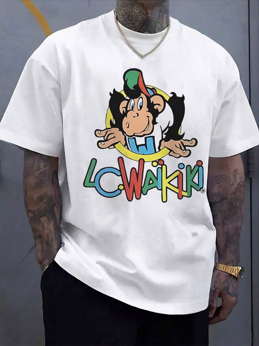 Camiseta de cuello redondo para hombre con estampado gráfico único de mono de dibujos animados, elegante camiseta de manga corta para uso diario informal, material de mezcla de algodón suave y cómodo, perfecta para verano y vacaciones, camiseta de estilo callejero de moda para una apariencia relajada. - Blanco - Ver 1