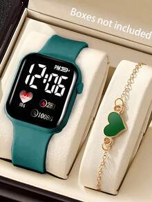 12pcs Heart & Number Luminous Display Sports Electronic Watch & Heart Bracelet Set, Cartoon Cute Wristwatch & Bracelet Suit, Suitable For Birthday Gift, Party, Daily Wear - Multicolor - View 2