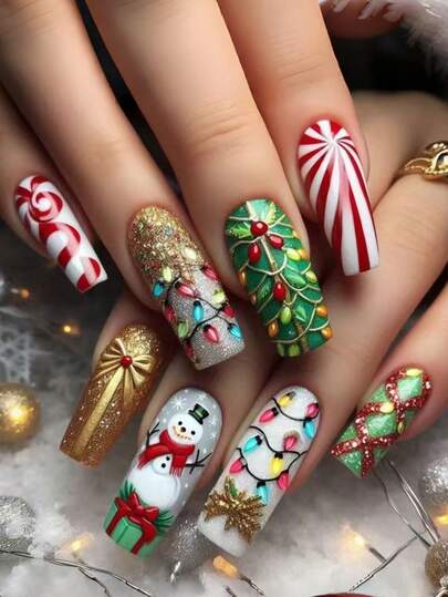 24片圣诞雪人条纹花卉美甲贴纸，Y2K风格按压式美甲贴，金色美甲贴纸