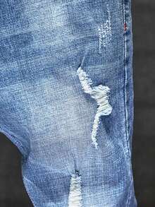 男式口袋破洞紧身休闲牛仔裤 - 淺色水洗藍 - 查看 7