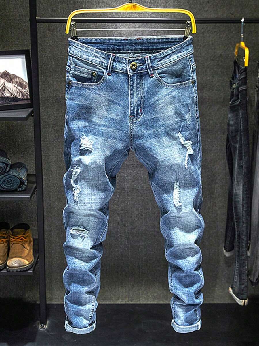男式口袋破洞紧身休闲牛仔裤 - 淺色水洗藍 - 查看 1