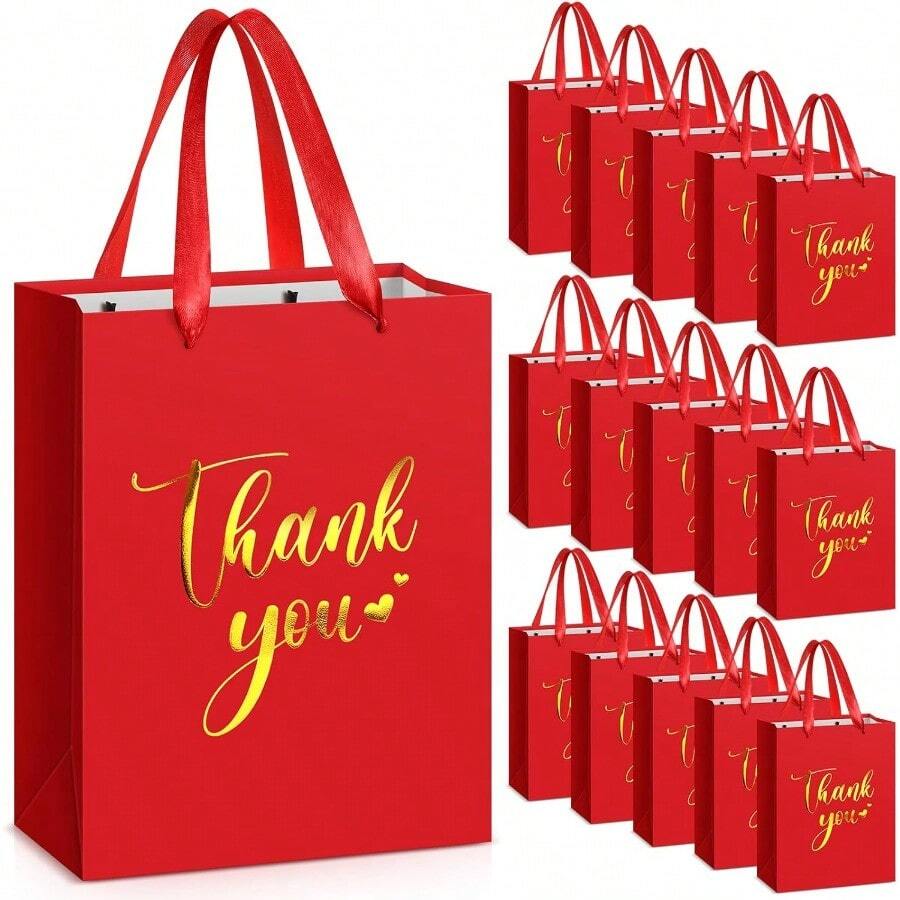 D16 Pcs Thank You Gift Bags With Handle Wrap Bags Bulk Totes For Wedding Birthday Baby Shower Party Favors 10.63 X 8.27 X 3.94 Inches Red - 紅色 - 查看 1