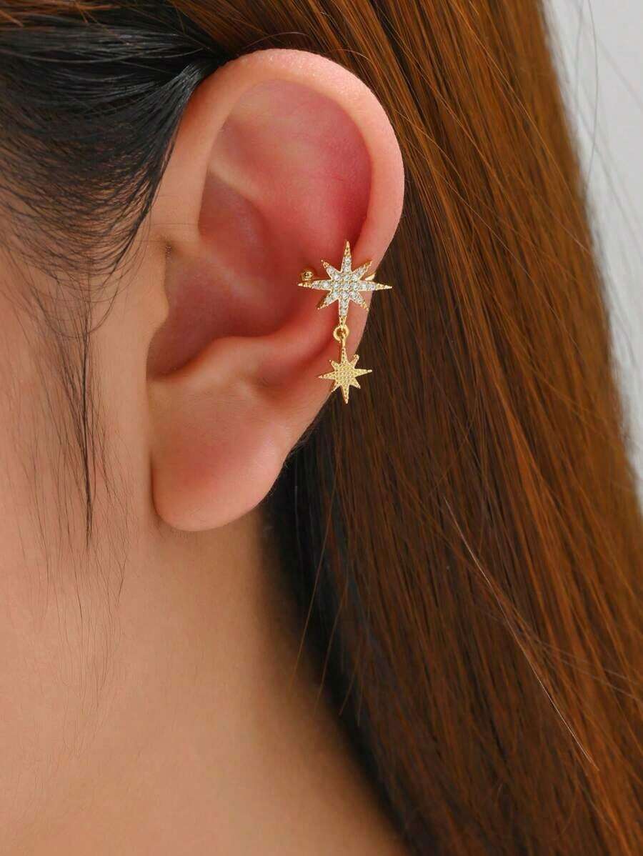 1pc Cubic Zirconia Star Ear Cuff – Stylish Copper Jewelry, Non-Pierced Adjustable Ear Wrap, Sparkling Star Decor, Minimalist  Accessory For Women And Teens, Perfect Gift For Birthdays, Holidays, Everyday Wear - 銀色 - 查看 1