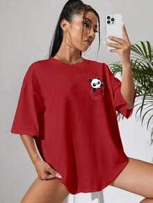Camiseta Feminina Oversized Lisa Estilosa Moderna Verão Primavera Casual Estampada Urso Panda Bolso - Vermelho - Visão 5