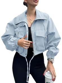 Womens Cropped Zip Up Lightweight Oversized Utility Anorak Coat With Pockets, Style EBU0 - Blue - View 6