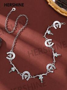 Hershine 1 szt. damski pasek vintage w stylu kowbojskim/kowbojki w stylu western, z trójwymiarową dekoracją głowy byka i konia, turkusowa intarsja w talii, uniwersalny łańcuszek, odpowiedni do swetrów, na plażę, na jesienne przyjęcia, do codziennego użytku, na Halloween, na lato, do szkoły, na jesień