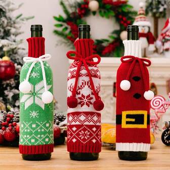 1pc/Set Christmas Decoration Knitted Wine Bottle Cover, Christmas Snowflake Wine Bottle Sleeve