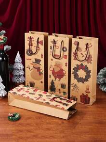 4pcs Christmas Gift Bag,Cartoon Santa Claus Kraft Paper Bag Red Wine Bag, Christmas Wine Bottle Handbag, Thick Kraft Paper Wine Bottle Bag,Christmas Kraft Paper Gift Bag With Handle, Wine Bottle Bag Restaurant Hotel Table Decoration Christmas Decoration Supplies