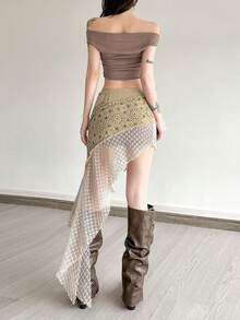 女式复古高腰不对称下摆半身裙 - 卡其色 - 查看 8