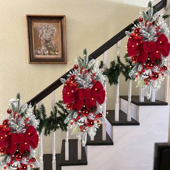 1PC Handmade Red Christmas Staircase Garlands With Pine Cones And Bows -22.83-Inch Holiday Decoration, No Power Required