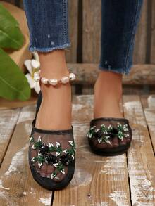 女士绿色刺绣穆勒拖鞋，露背一脚蹬平底鞋，优雅休闲室内/室外透气舒适拖鞋 - 黑色 - 查看 4